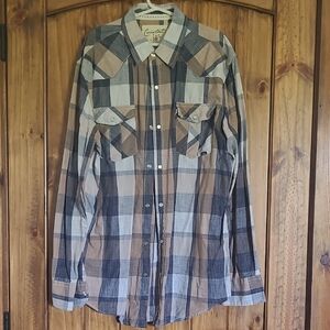 Coastal Men's Plaid Long-Sleeve Pearl Snap Shirt - Brown/Blue/White. Size L